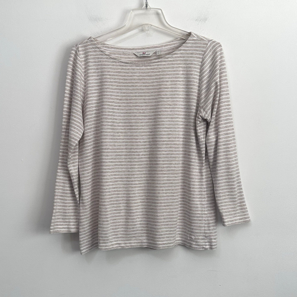 Vineyard Vines Womens Tee L Boat Neck 3/4 Sleeve Preppy Stripes Casual Pullover